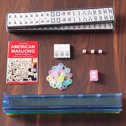 ZGME American Mahjong Set,166 White Tiles with Red Bag and Accessories,4 All-in-One Mahjong Racks with Pushers,Complete Western Mahjong Set