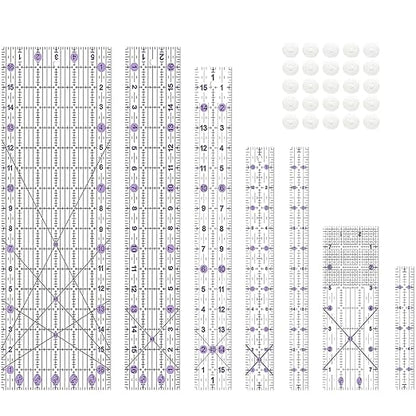 Quilting Ruler, 8 Piece Acrylic Quilting Templates, Sewing Ruler, Fabric Cutting Ruler with Non-Slip Rings, Quilting and Sewing (6"x17", 3"x17", 2"x16", 1.5"x12", 1"x12", 1"x6", 8"x3") (Purple)