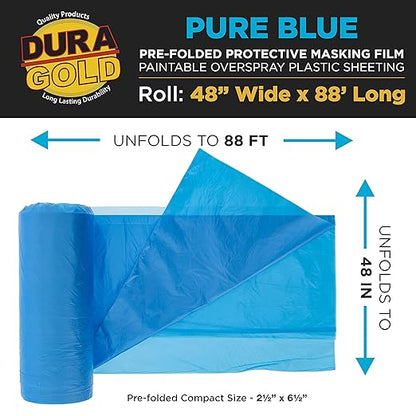 Dura-Gold 48" x 88' Pure Blue Pre-Folded Masking Film - Painters Plastic Roll (0.4 Mil) Pull Down Drop Sheet, Pre-Folded Plastic Sheeting for Painting Protection on Auto, Walls, Furniture