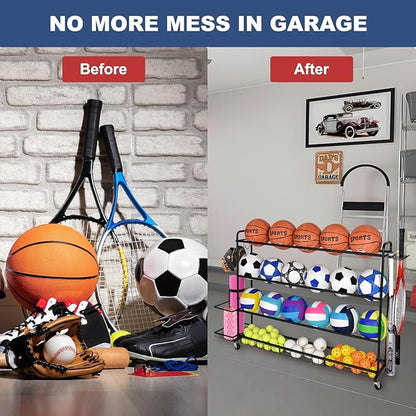 Basketball Rack, Shooting Training Rolling Ball Stand, Garage Organizer with Wheels, 4-Layer Sports Equipment Storage Holder with Baskets and Hooks for Soccer Baseball Footballs Volleyball