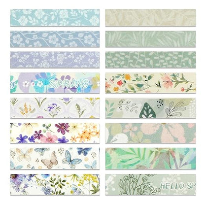 YUBX Spring Washi Tape Set 16 Rolls Flowers Printed Embellishment Green Decorative Masking Tapes for Arts, DIY Crafts, Journals, Planners, Scrapbook, Wrapping
