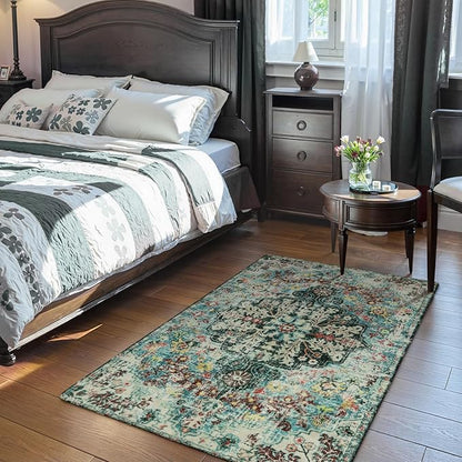 Lahome Bohemian Floral Medallion Area Rug - 3x5 Washable Bedroom Rug Entryway Mat, Non Slip Pet Friendly Turkish Nursery Carpet for Kitchen Sink Camper Couch Living Dining Room Office Hardwood