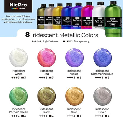 Nicpro 8 Colors 33.8 oz Large Bulk Iridescent Acrylic Pouring Paint Supplies Kit, Premixed High Flow Art Pour Paint with Silicone Pour Oil, Gloves, Tablecloths for Beginner DIY, Ready to Pour
