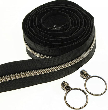 Leekayer 5# Black Nylon Zipper Tape Brass Teeth 10 Yards Continuous Zipper with 25 pcs Ring Pull Silders Bulk(Antique Brass)