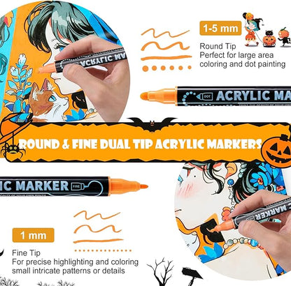 30 Colors Waterproof Dual Tip Acrylic Paint Pens, Dot & Fine Tip Premium Coloring Drawing Markers Set for Wood, Rock Painting, Canvas, Glass, Ceramic Surfaces and DIY Crafts Making Art Supplies
