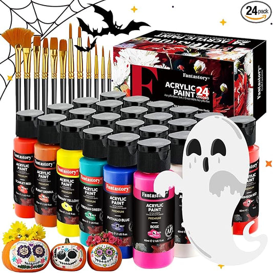 Fantastory Acrylic Paint Set 24 Classic Colors(2oz /60ml) with 12 Brushes, Professional Craft Thick Paints Kits for Adults, Canvas Wood Fabric Ceramic Rock Painting Supplies [Professional Series]