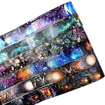 6 Rolls Fantasy Washi Tape Set – Non-Repeat Magical Forest and Galaxy Designs for Scrapbooking, Journaling, Planner, DIY Crafts with Storage Clip