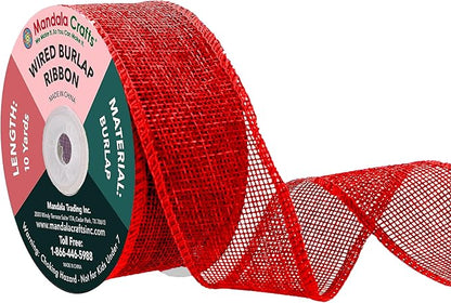 Mandala Crafts Red Burlap Wired Ribbon 1.5 Inches Wide Jute Ribbons for Crafts - 10 Yds Roll Rustic Burlap Wrap Trim Ribbons for Wreaths Bows Party Decoration