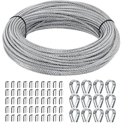 1/8 inch Wire Rope Kit, Haploon 33ft Wire Cable Rope Stainless Steel Cable Railing kit, 50 Pcs Aluminum Crimp Sleeves and 12 Pcs Thimble for Decking,Railing,DIY Outdoor Shades, Picture Hanging