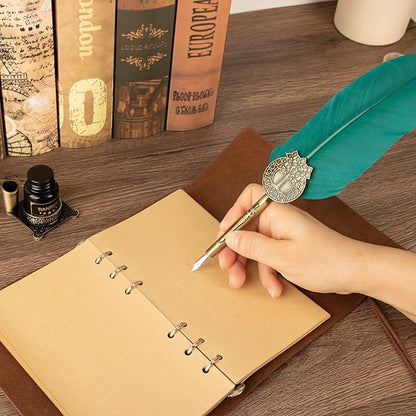 Quill pen ink set,Feather Pen and Ink Set,Antique Calligraphy Pen with 4 Replaceable Nibs,2 Bottle of ink,Feather Dip Pen Holder Christmas Gift for Men&Women.(Green)