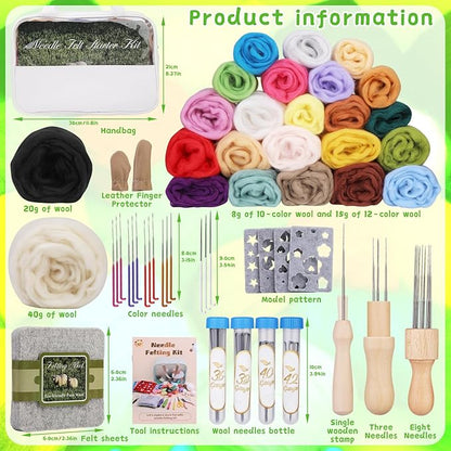 Mayboos Needle Felting Kit, 24 Colors Wool Roving Set, Needle Felting Kit with Felting Tool and Foam Mat Needle Felting Supplies for Beginner DIY Arts and Craft