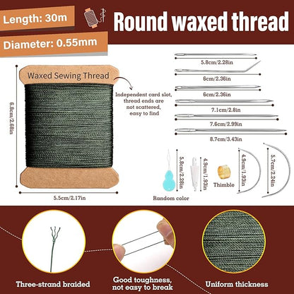 Repair Sewing Kit, Upholstery Needle and Thread Kit with 32 Yard Waxed Thread and 8 Pcs Heavy Duty Leather Needles for Hand Stitching, Canvas & Quilting - 0.55mm Round Waxed Green