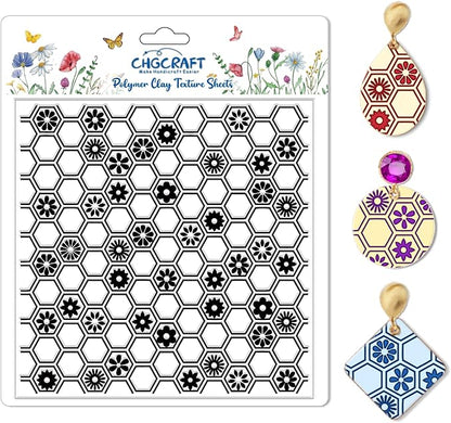 CHGCRAFT Honeycomb Pattern Polymer Clay Texture Sheet Flowers and Hexagonal Silicone Texture Mat for Polymer Clay Making Earrings Jewelry DIY Crafts 5.5 × 5.5 Inch