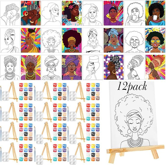 Zhanmai 12 Pack Pre Drawn Canvas for Painting Sip and Paint Kit 8" x 10" Paint Party Set Canvas Painting Pre Printed Canvases for Party Favor DIY Virtual Adult's Date Night(Afro Queen)