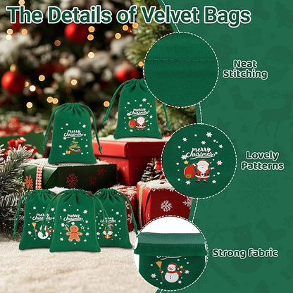 Tapleap Christmas Bags with Drawstring - 50Pcs 3x4 Green Velvet Coth for Wrapping Christmas Party Favors or Gifts for Friends, Children, Customers