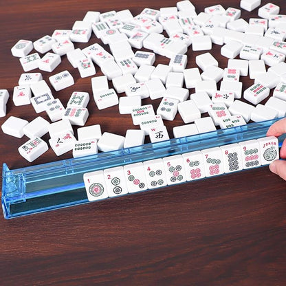 ZGME American Mahjong Set,166 White Tiles with Blue Rectangular Bag and Accessories,4 All-in-One Mahjong Racks with Pushers,Complete Western Mahjong Set