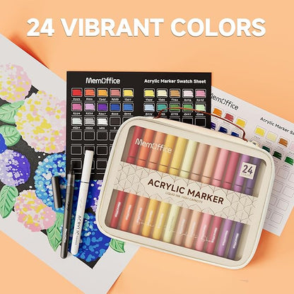 MemOffice Direct Liquid Acrylic Paint Markers, 24 Colors Brush Tip Pens with Carrying Case, No Bleed, Waterproof, for Rock, Wood, Canvas, Glass, Fabric, DIY Crafts for Adults & Kids