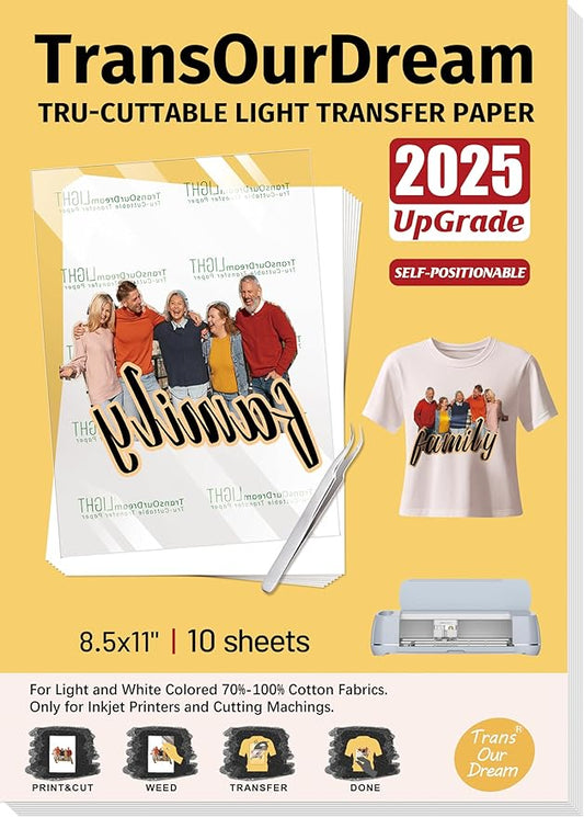 TransOurDream Heat Transfer Paper for t Shirts Heat Press (10 Sheets, 8.5"x11") Printable Heat Transfer Vinyl for Inkjet Printer Light Iron on Transfers for Tshirts Cuttable & Self-Positionable