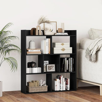 Giantex 7 Cubes Bookshelf, Free-Standing Wooden Bookcase, 4 Tier Home Display Shelf, Horizontal Storage Unit w/Anti-Toppling Devices, Open-Back Display Rack for Study, Living Room (1, Black)