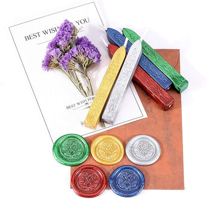 Yoption 5 Colors Sealing Wax Sticks, Vintage Totem Fire Manuscript Wax Seal Sticks with Wicks for Wax Seal Stamp (Gold+Silve+Red+Green+Blue)