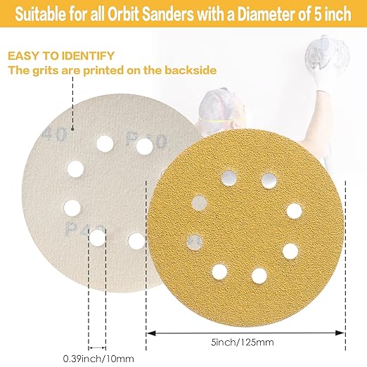100PCS 5 Inch 8 Hole Sanding Discs 400 Grit,Gold Round Hook and Loop Sandpaper for Random Orbital Sander
