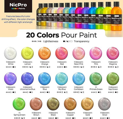 Nicpro 20 Colors Iridescent Metallic Acrylic Pour Paint Supplies Kit, 8.45oz Large Ready to Pour Premixed High Flow Pouring Paint Set with Silicone Pouring Oil, Gloves, Instructions for Beginner DIY