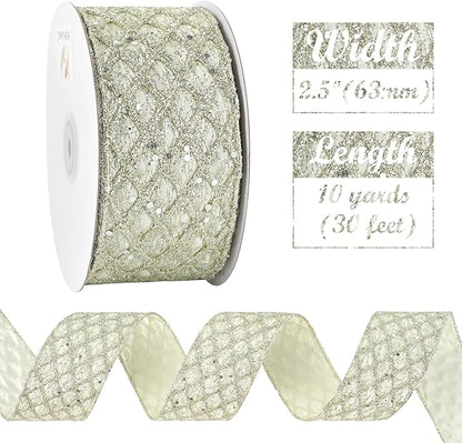 HUIHUANG Champagne Glitter Wired Ribbon for Christmas Tree 2.5 inch Light Champagne Diamond Mesh Ribbon for Tree Decoration, Wreaths, Garland, Gift Wrapping, Bows Making, Home Decor -10 Yards