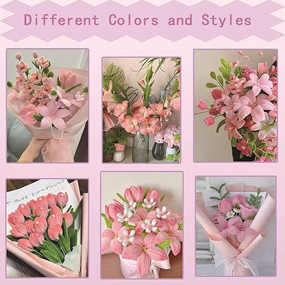 Pipe Cleaners Craft, 400pcs Pipe Cleaners with Flower Stems, Floral Tape, Ribbon, for Flower Bouquet DIY-Pink