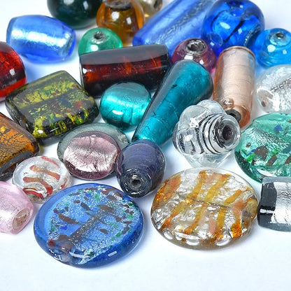 1 LB Bag of Assorted Glass Beads for Jewelry Making, Handmade Silver Foil Bead Mix for Bracelets and Necklaces, Crafting Beads Supplies Kit, Large Beads (Silver Foil Mix)