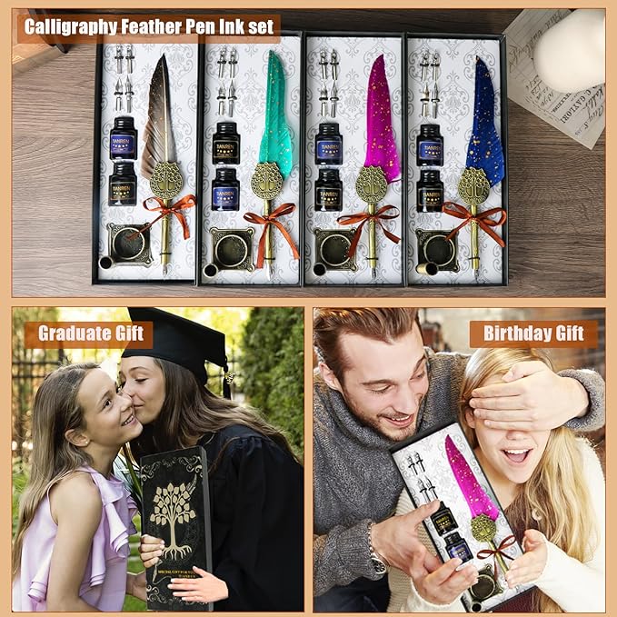 Feather Pen and Ink Set,quill pen ink set,Antique Calligraphy Pen with 4 Replaceable Nibs,2 Bottle of ink,Pen Holder Christmas Gift for Men&Women.(Blue)