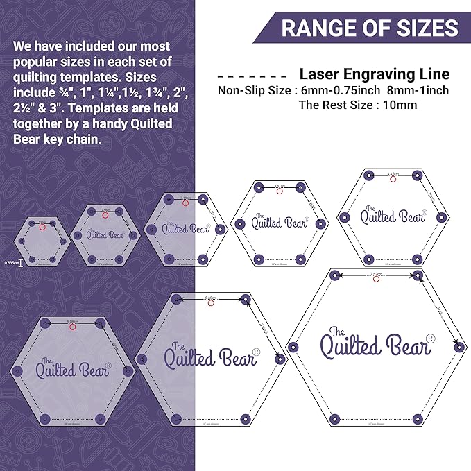 The Quilted Bear Pentagon Quilting Templates – 8 Clear Non-Slip Acrylic Quilt Templates for Precise Fabric Cutting & Stress-Free Machine Quilting - Ideal for Quilt & Sewing Supplies (¾–3")