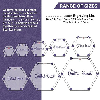 The Quilted Bear Pentagon Quilting Templates – 8 Clear Non-Slip Acrylic Quilt Templates for Precise Fabric Cutting & Stress-Free Machine Quilting - Ideal for Quilt & Sewing Supplies (¾–3")