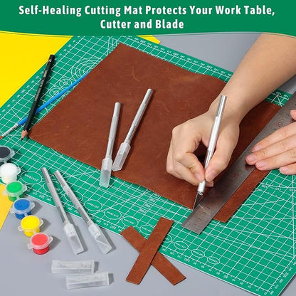 5 Pack Self Healing Cutting Mats and Exacto Knife Set, Sewing Mats with Precision Cutters and Extra 50Pcs SK5 Steel Blade 12" x 18" Work Mat for Crafts, Scrapbooking and Quilting