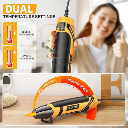 SEEKONE Mini Heat Gun, 350W 2-Temp Settings 500℉ & 842℉（260℃& 450℃） Fast Heat Hot Air Gun Tool with Reflector Nozzle and 4.9Ft Long Cable Overload Protection for Crafting, Vinyl Wrap and Shrink Tubing