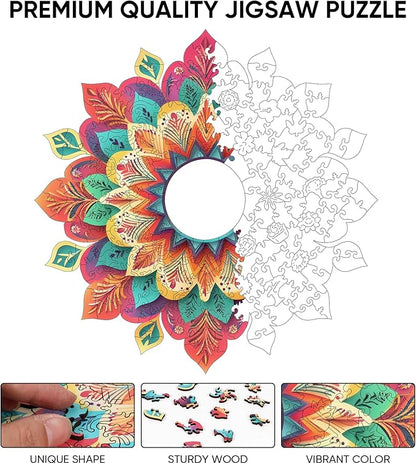 Wooden Puzzles for Adults, Hollow Mandala Wooden Jigsaw Puzzles 200 Pieces, Unique Design Adult Puzzles, Family Brain Game Gift, 11.2x11.3 inch