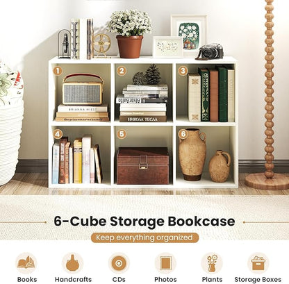 Giantex 6-Cube Bookcase, 3-Tier Cubby Bookshelf, Horizontal Vertical Display Rack with Anti-Tipping Kits, Modern Storage Organizer Shelf Unit for Bedroom, Living Room, Study Room, White