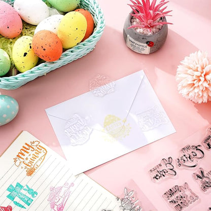 Whaline 5 Sheet Easter Clear Stamps Bunny Rabbit Egg Gnome Words Silicone Transparent Stamps Border Rubber Stamp Cards for DIY Crafts Card Making Scrapbooking Album Supplies