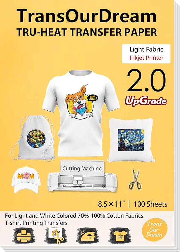 TransOurDream Upgraded Heat Transfer Paper for T Shirts (100 Sheets, 8.5x11") Iron on Transfers for Light Fabric Printable Heat Transfer Vinyl for Inkjet Printer (TOD-L2-100)