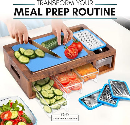 Acacia Cutting Board with Containers & Lids - Board Meal Prep System w 4 Graters, 2 Plastic Chopping Board for Meat, Juice Grooves & More - Cutting Board Prep Station for Kitchen