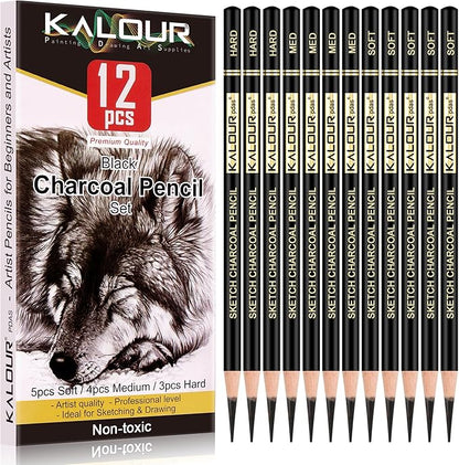 KALOUR Professional Charcoal Pencils Drawing Set -12 Pieces Soft, Medium and Hard Charcoal Pencils for Drawing, Sketching, Shading, Artist Pencils for Beginners & Artists