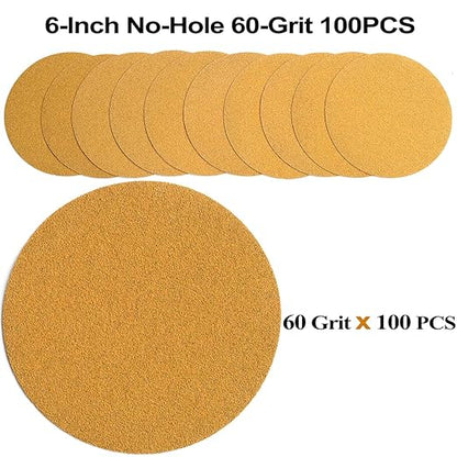 6-Inch No-Hole Hook and Loop Sanding Discs 60-Grit, Random Orbital Sandpaper for Automotive and Woodworking, 100-Pack