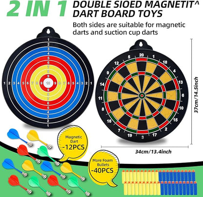 Magnetic Dart Board for Kids-12Magnetic Dart/Sticky Balls Or 2 Toy Gun+40 Foam Dart.Indoor/Outdoor Kids Games and Party Games,Christmas Birthday Gifts Toys for 3-12 Year Old Boys