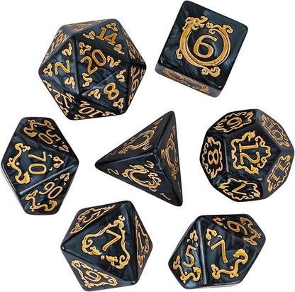 7-Die DND Dice Set Dragon Pattern Polyhedral Die with Leather Bag D&D Dice Set for RPG Table Games (Black W/Gold Dragon Pattern)