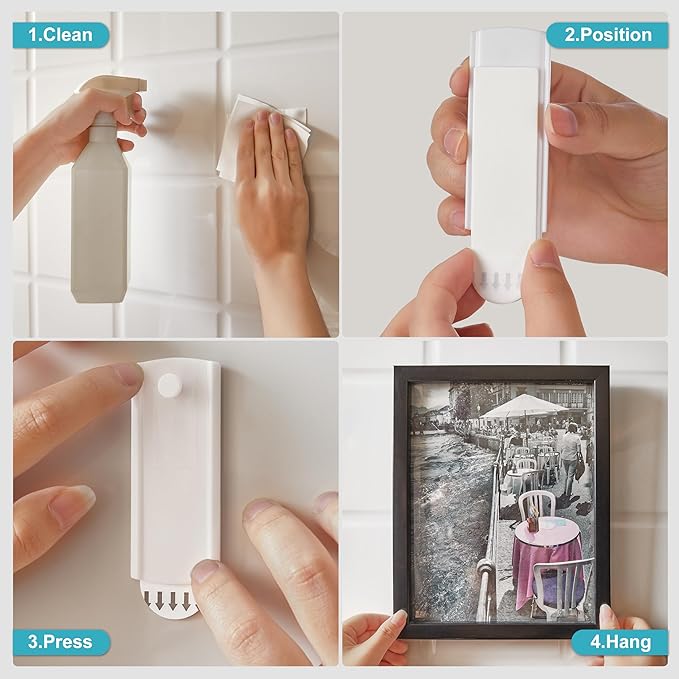 Universal Frame Hanger, Jumbo, 6 Plastic Picture Hangers, 16 Large Removable Adhesive Strips, Damage Free Picture Hanging Hooks Heavy Duty, No Nails Picture Hooks