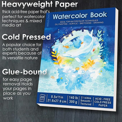 MISULOVE Watercolor Paper Pad, 8.5" x 11", Cold Press,140lb(300gsm), 20 Sheets Water Color Paper, Watercolor Workbook, Sketchbook for Wet and Dry Media, Journal, for Students and Beginners (White)