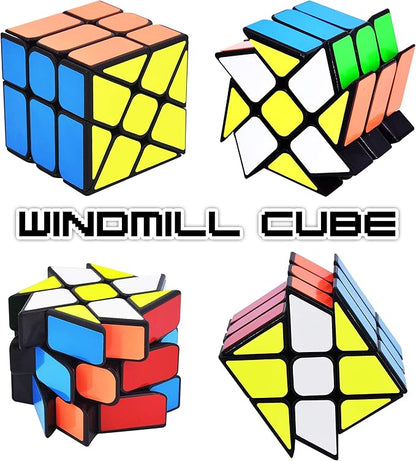 JoyTown Speed Cube Set of 2 Bundle Pack Windmill Cube Magic Puzzle, YJ Axis V2 New Version Fluctuation Angle Twisty Puzzle, Odd 3x3 Speedcubing with Bonus Stands Black