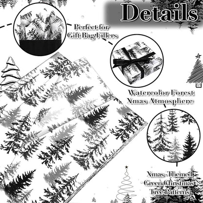100 Sheets Christmas Tree Tissue Paper, 20x14in Forest Style Wrapping Tissue Watercolor Xmas Tree Art Tissue for Xmas Party Gift Bag Fillers Winter Party Decor (Black)
