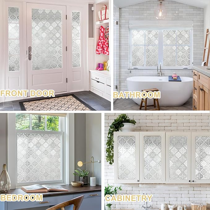 Window Privacy Film Decorative for Front Door, Bathroom Static Cling Stained Glass Sticker Opaque Heat Control UV Blocking Non-Adhesive for Home Windows 11.8x78.7inch