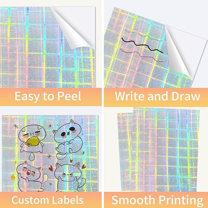 Printable Sticker Paper, 20 Sheets Printable Holographic Sticker Paper, Laser/Inkjet Printing- Holographic, Letter Size (8.5" x 11")