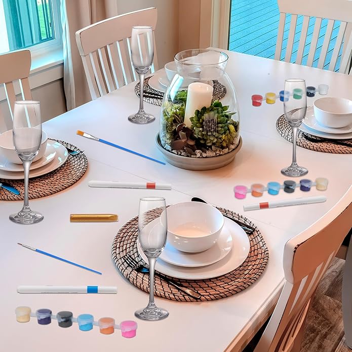 6 Sets Paint Your Own Wine Glass Set with 12 Markers, 2 Outliners, 36 Acrylic Paint Strips, 12 Brushes and 6 Palette for Adults, Ladies Night or Couple